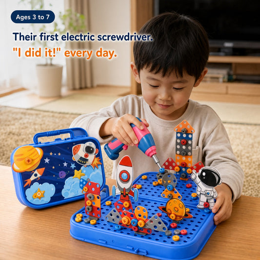Child using the Kumo Drill electric screwdriver on the Space pegboard case. Their first electric screwdriver, ages 3 to 7